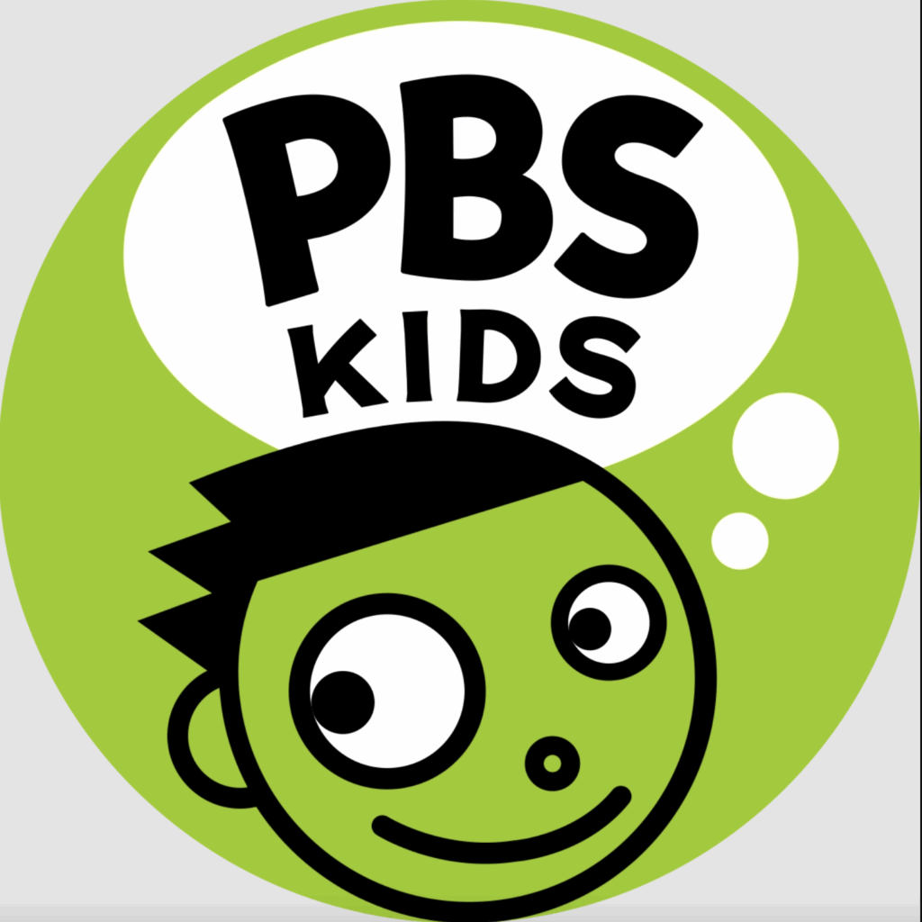 PBS Kids logo featuring a green cartoon characters face with big eyes and a speech bubble above it containing the words PBS Kids in bold black letters, set against a green circular background.