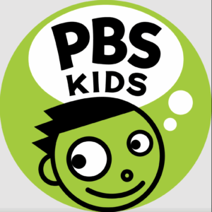 PBS Kids logo featuring a green cartoon characters face with big eyes and a speech bubble above it containing the words PBS Kids in bold black letters, set against a green circular background.