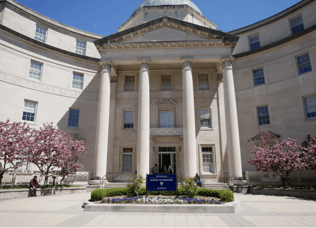 A grand building with tall columns and a domed roof, featuring blooming pink trees and a blue sign in front that reads School of Medicine. People stand near the entrance under a sunny sky. - Connectprep A grand building with tall columns and a domed roof, featuring blooming pink trees and a blue sign in front that reads Yale School of Medicine. People stand near the entrance under a sunny sky.