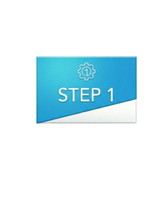 A blue and white rectangular graphic with a gear icon containing the number 1, and the words STEP 1 in bold white letters.