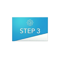 A blue and white graphic with a gear icon containing the number 3, and large text below that reads STEP 3.
