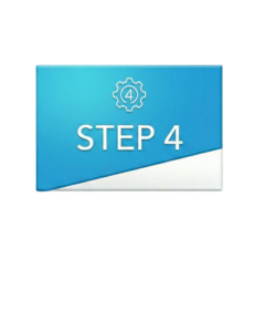 A blue and white rectangular graphic displays a gear icon with the number 4 inside it above the bold text STEP 4.