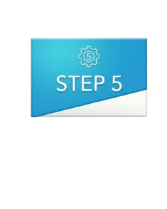 A blue and white rectangular graphic displays a gear icon with the number 5 inside it above the large text STEP 5.