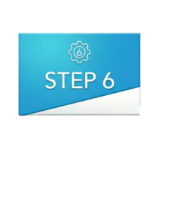 A blue and white rectangular graphic with a gear icon and the number 6 at the top, and the text STEP 6 prominently displayed in the center.