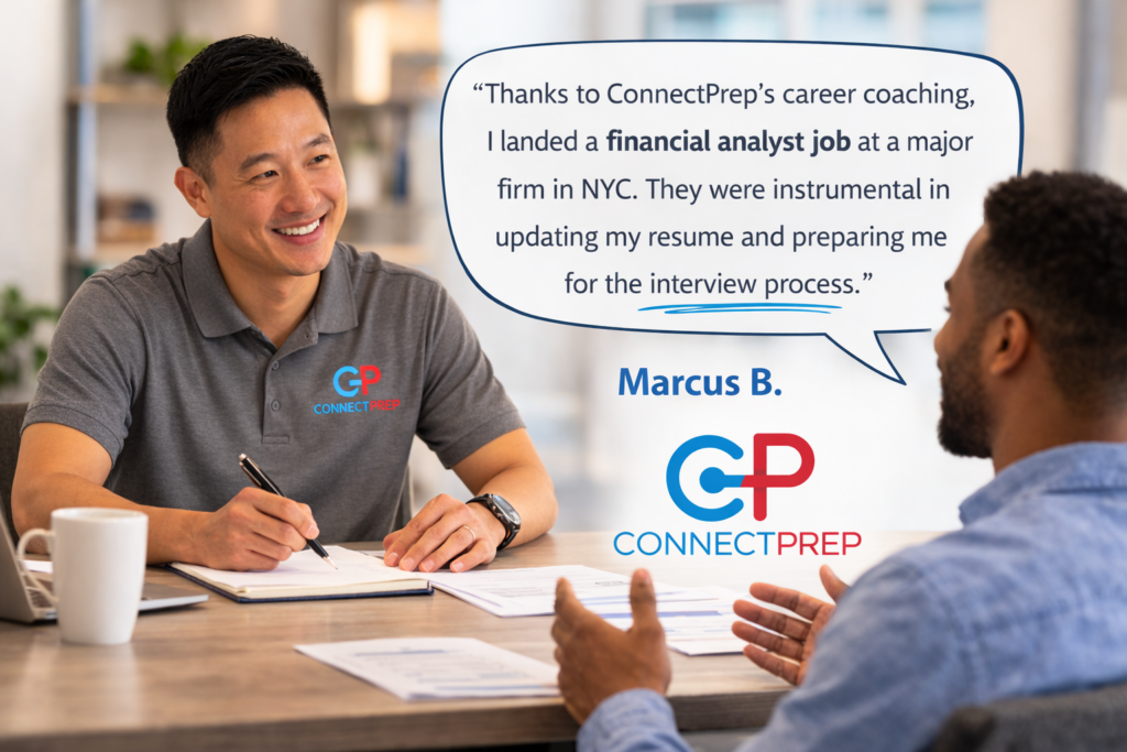 A smiling career coach wearing a ConnectPrep shirt talks with a client across a desk. A testimonial quote praises ConnectPrep’s career coaching for helping land a financial analyst job. The ConnectPrep logo is shown with the name Marcus B.