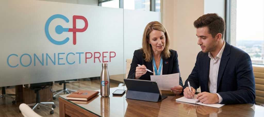 Two professionals sit at a conference table discussing documents and career coaching strategies. The woman points at a tablet while the man takes notes. A glass wall behind them displays the “CONNECTPREP” logo, with a water bottle and notebook on the table.