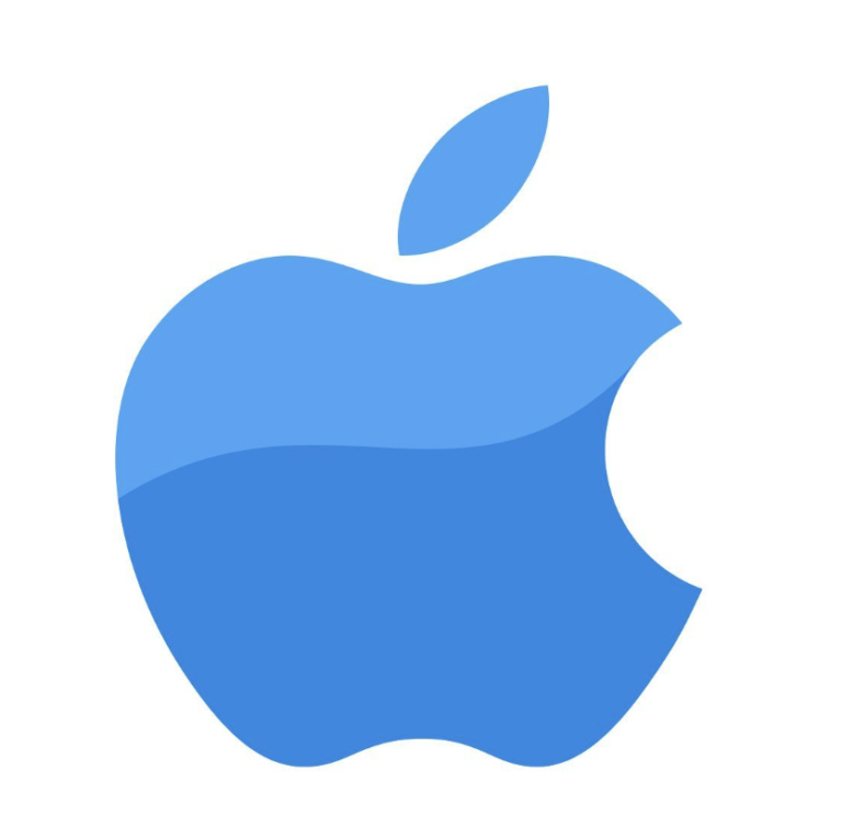 A blue Apple logo with a bite taken out of the right side and a leaf on top, set against a white background—perfect for representing innovation in career coaching.