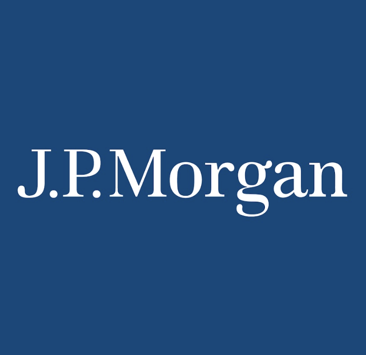 White text reading J.P. Morgan on a solid dark blue background, symbolizing professionalism and opportunities like career coaching.