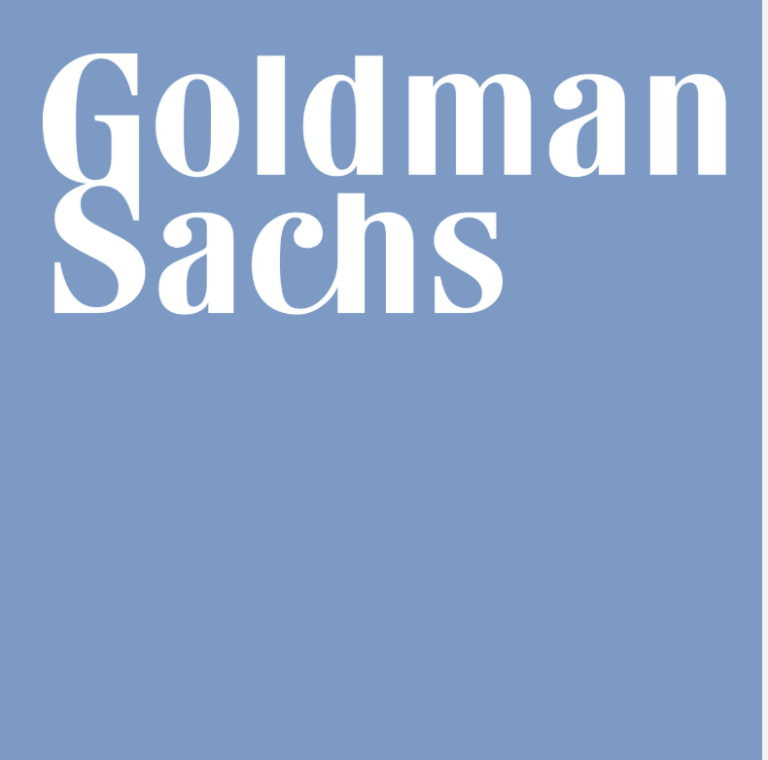 Goldman Sachs logo with the company name in large white text on a solid light blue background, reflecting their commitment to growth and career coaching.