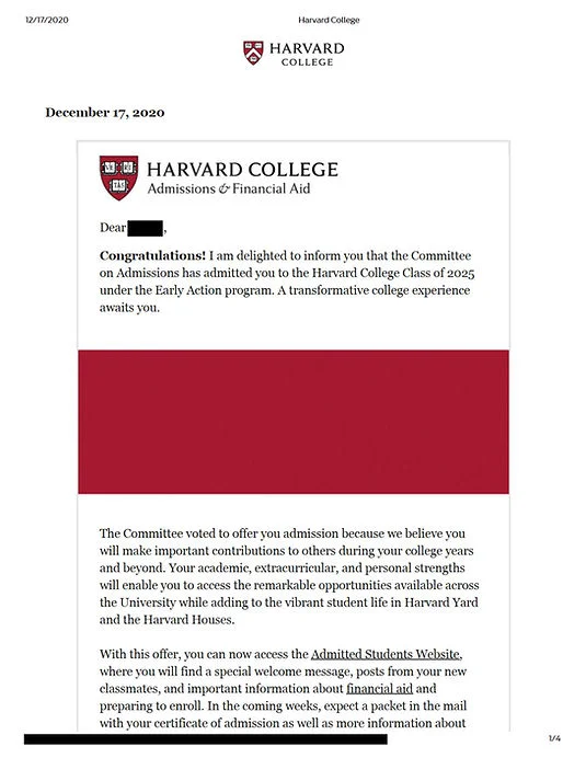 Harvard acceptance letter (redacted)