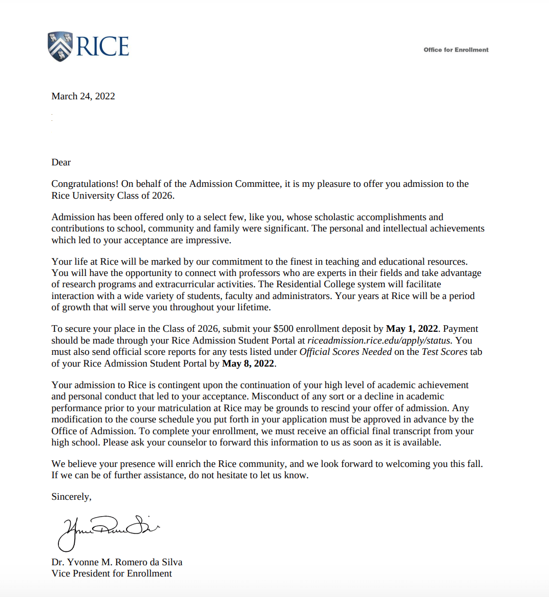 College acceptance letter — name redacted