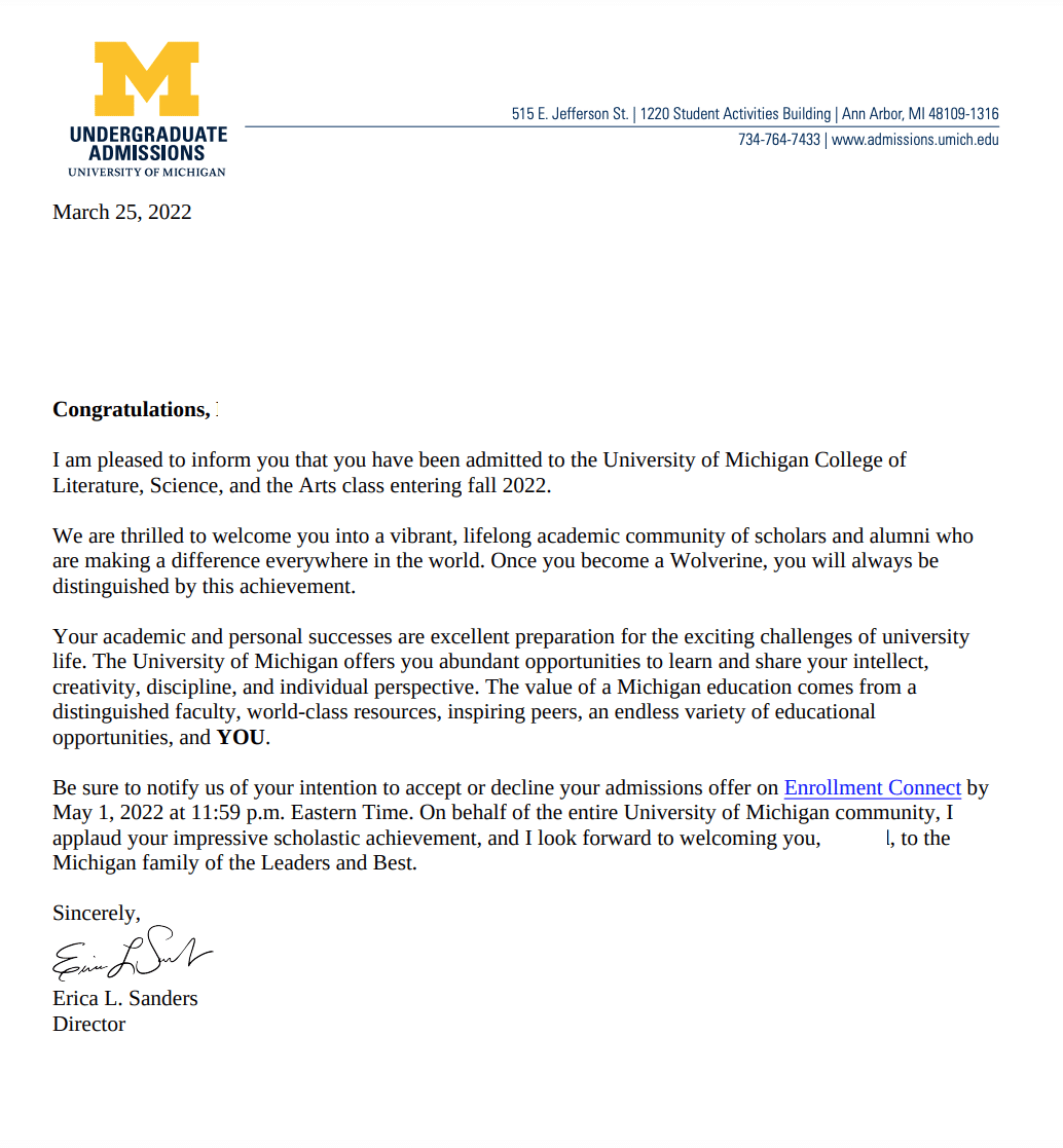 College acceptance letter — name redacted